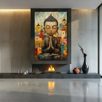 Wall Art titled: Harmony in the Chaos in a Vertical format with: Yellow, and Blue Colors; Decoration the Fireplace wall