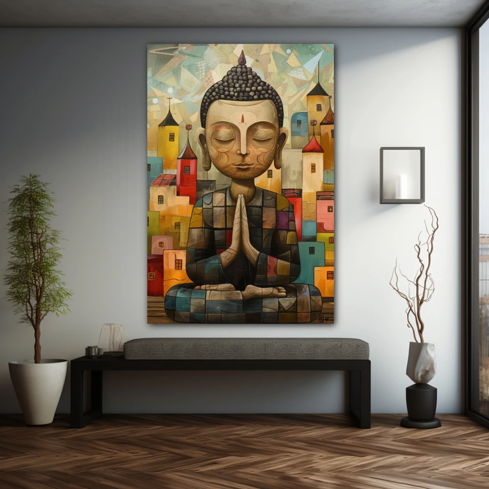Wall Art titled: Harmony in the Chaos in a Vertical format with: Yellow, and Blue Colors; Decoration the Grey Walls wall