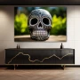 Wall Art titled: Skull with Sgraffito in a Horizontal format with: white, Black, and Green Colors; Decoration the Sideboard wall