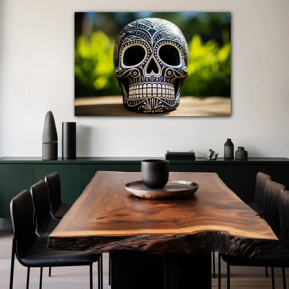 Wall Art titled: Skull with Sgraffito in a Horizontal format with: white, Black, and Green Colors; Decoration the Living Room wall