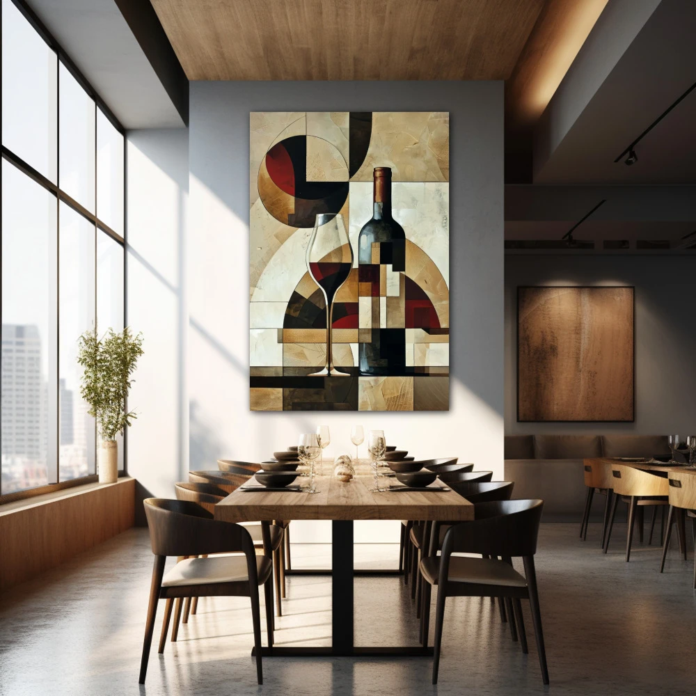 Cuadro oenophile's abstract dream en formato vertical con colores marrón, rojo, beige; decorando pared de restaurante