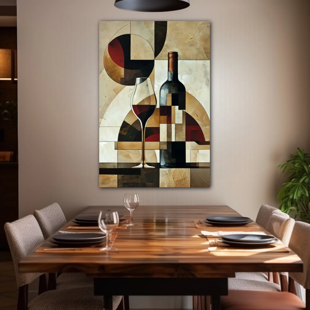 Cuadro oenophile's abstract dream en formato vertical con colores marrón, rojo, beige; decorando pared de salón comedor