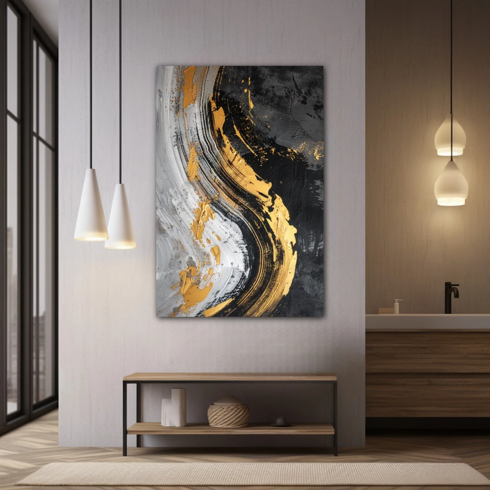 Cuadro magma dorado en formato vertical con colores dorado, gris, negro; decorando pared de baño