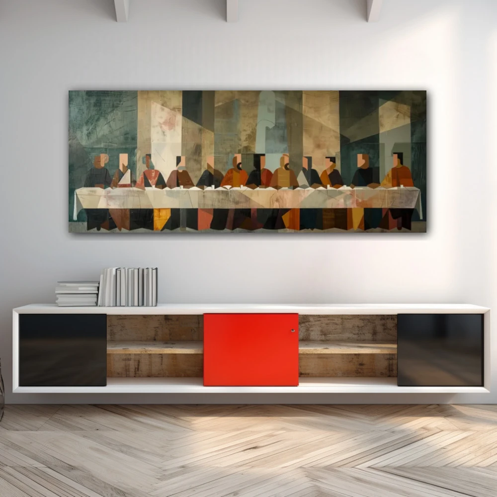 Wall Art titled: Shadows of an Ancestral Dinner in a Elongated format with: and Grey Colors; Decoration the Sideboard wall