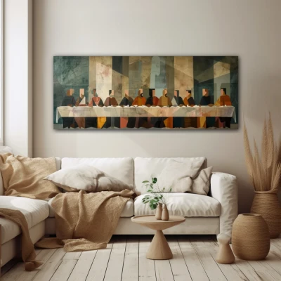 Wall Art titled: Shadows of an Ancestral Dinner in a Elongated format with: and Grey Colors; Decoration the Beige Wall wall