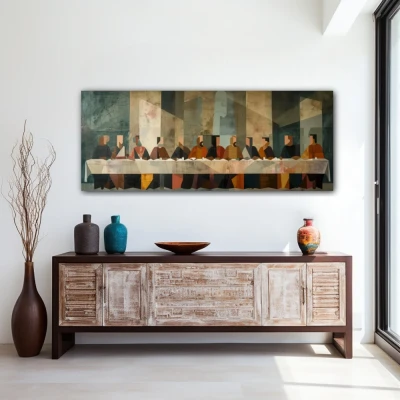 Wall Art titled: Shadows of an Ancestral Dinner in a Elongated format with: and Grey Colors; Decoration the Entryway wall