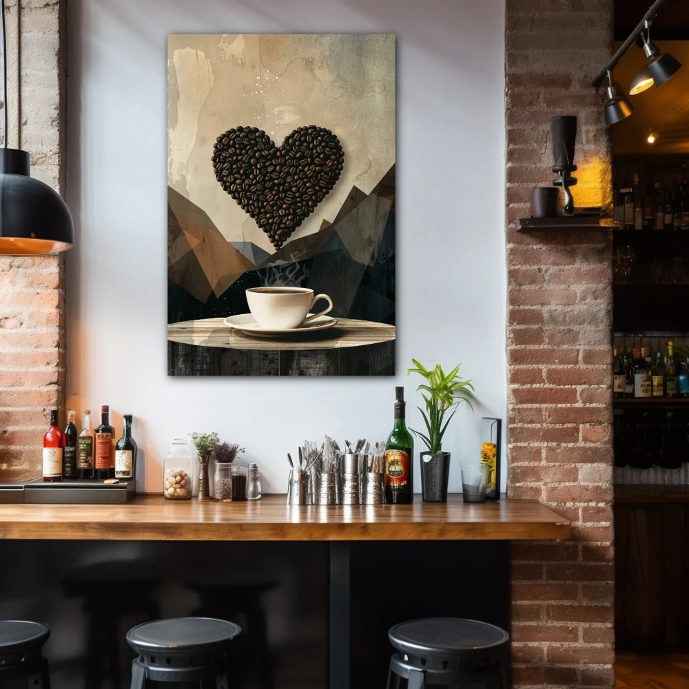 Cuadro despertar de aroma y pasión en formato vertical con colores gris, marrón; decorando pared de bar