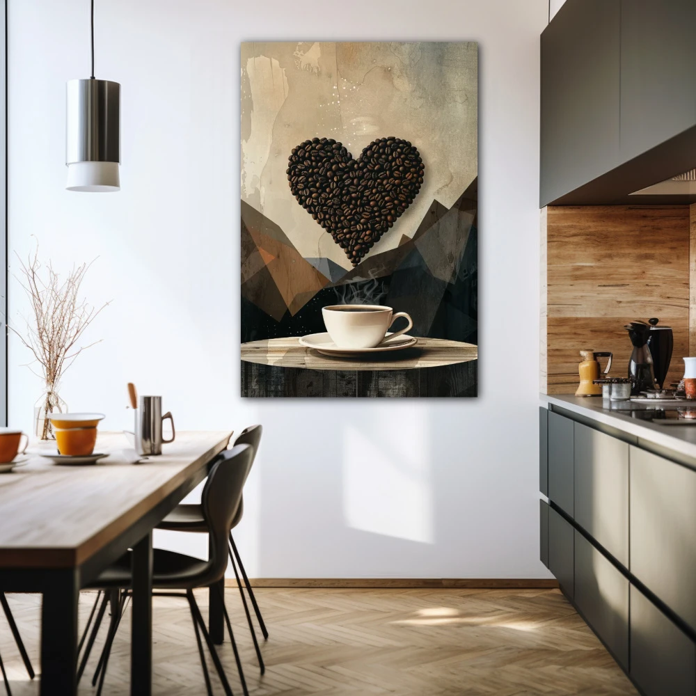 Cuadro despertar de aroma y pasión en formato vertical con colores gris, marrón; decorando pared de cocina