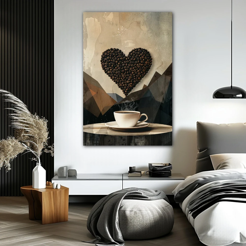 Cuadro despertar de aroma y pasión en formato vertical con colores gris, marrón; decorando pared de habitación dormitorio