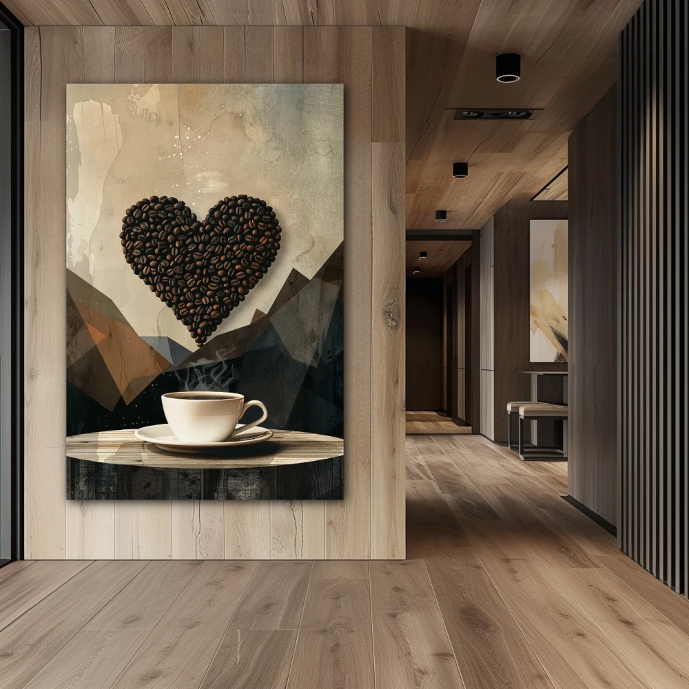 Cuadro despertar de aroma y pasión en formato vertical con colores gris, marrón; decorando pared de pasillo