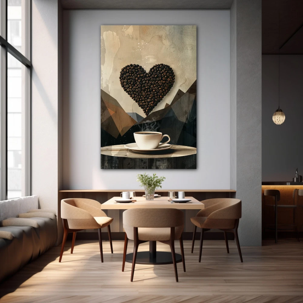 Cuadro despertar de aroma y pasión en formato vertical con colores gris, marrón; decorando pared de restaurante