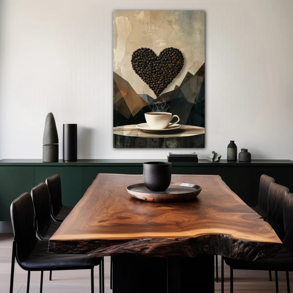 Cuadro despertar de aroma y pasión en formato vertical con colores gris, marrón; decorando pared de salón comedor