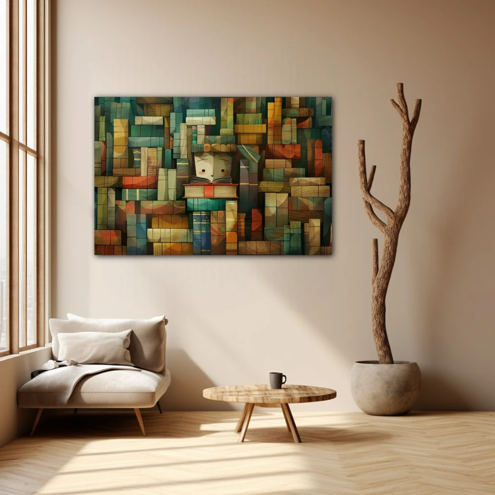 Wall Art titled: Retreat of the Sage in a Horizontal format with: Blue, Brown, and Green Colors; Decoration the Beige Wall wall