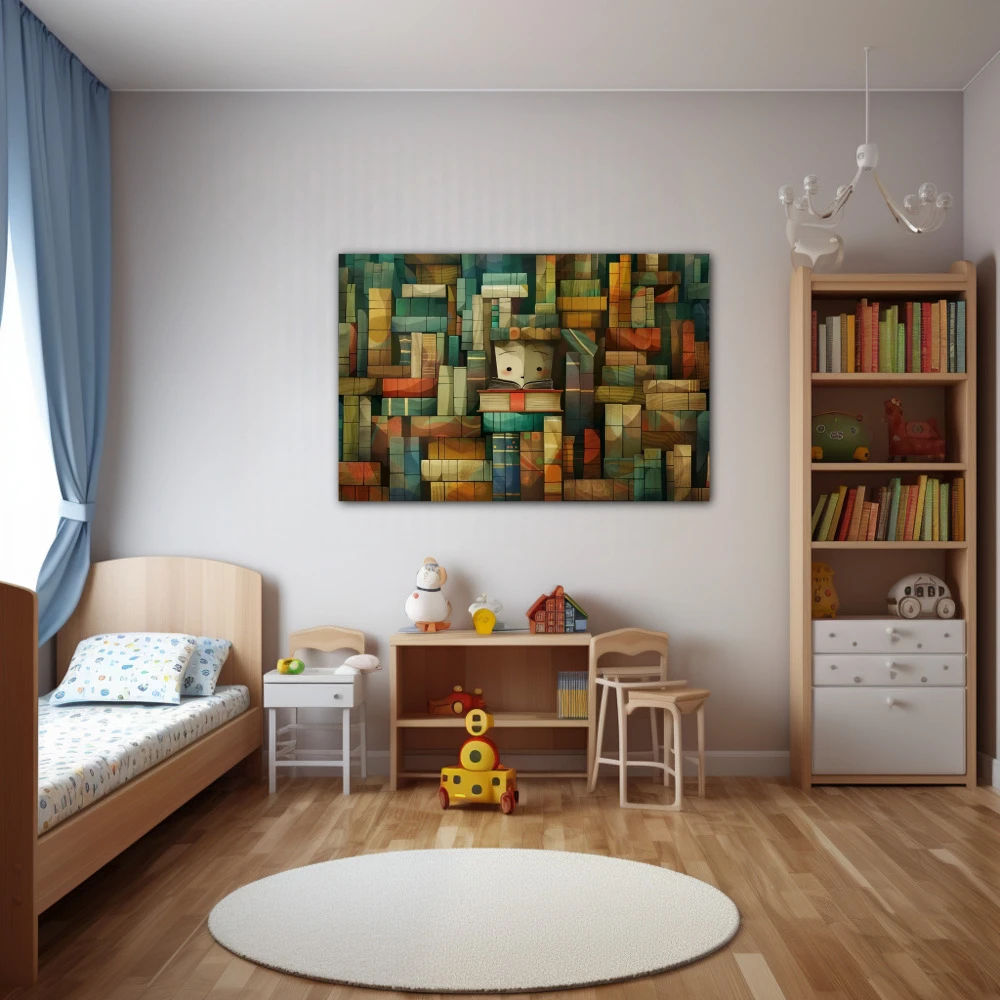 Cuadro retiro del sabio en formato horizontal con colores azul, marrón, verde; decorando pared de dormitorio infantil