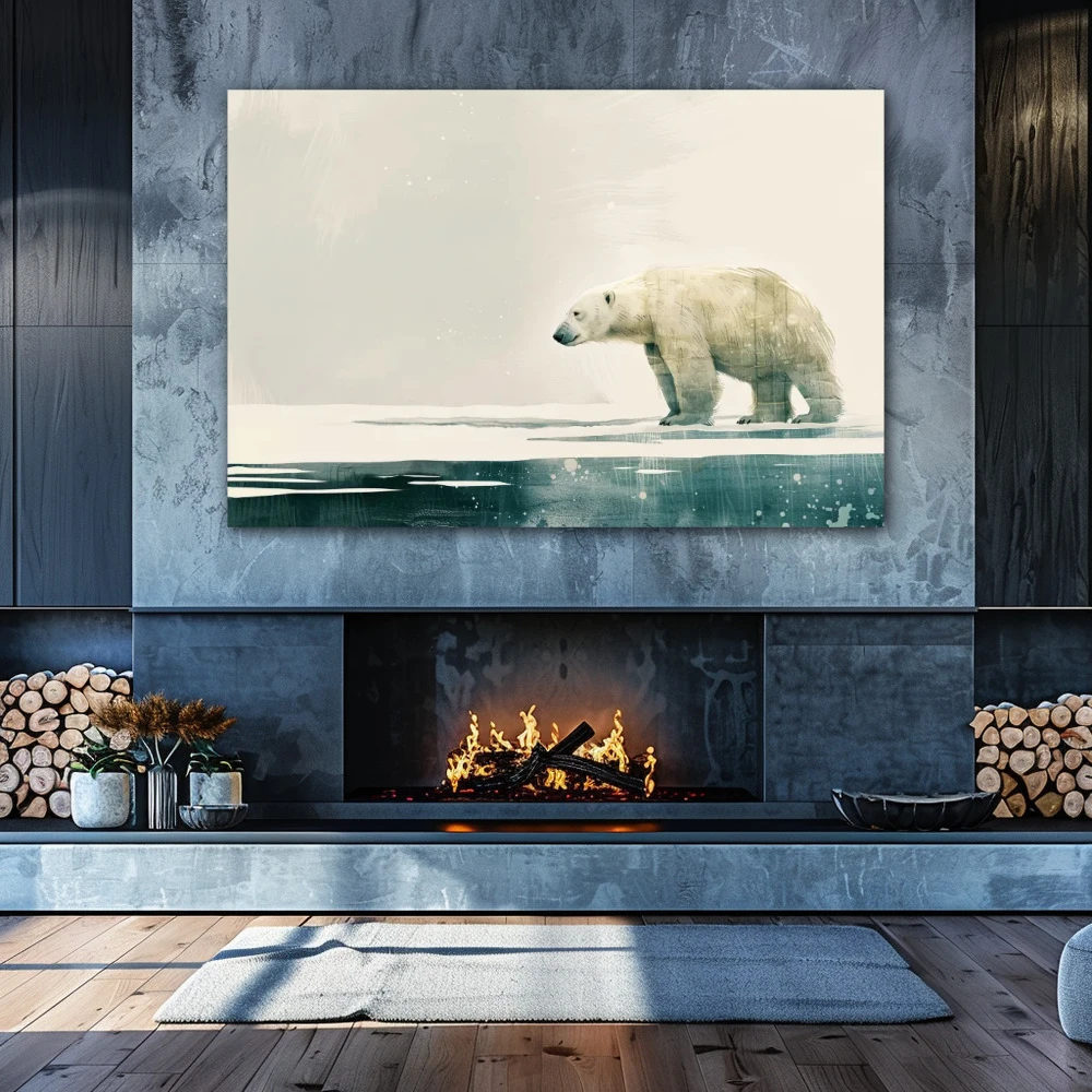 Wall Art titled: Polar Silhouette in a Horizontal format with: white, and Grey Colors; Decoration the Fireplace wall