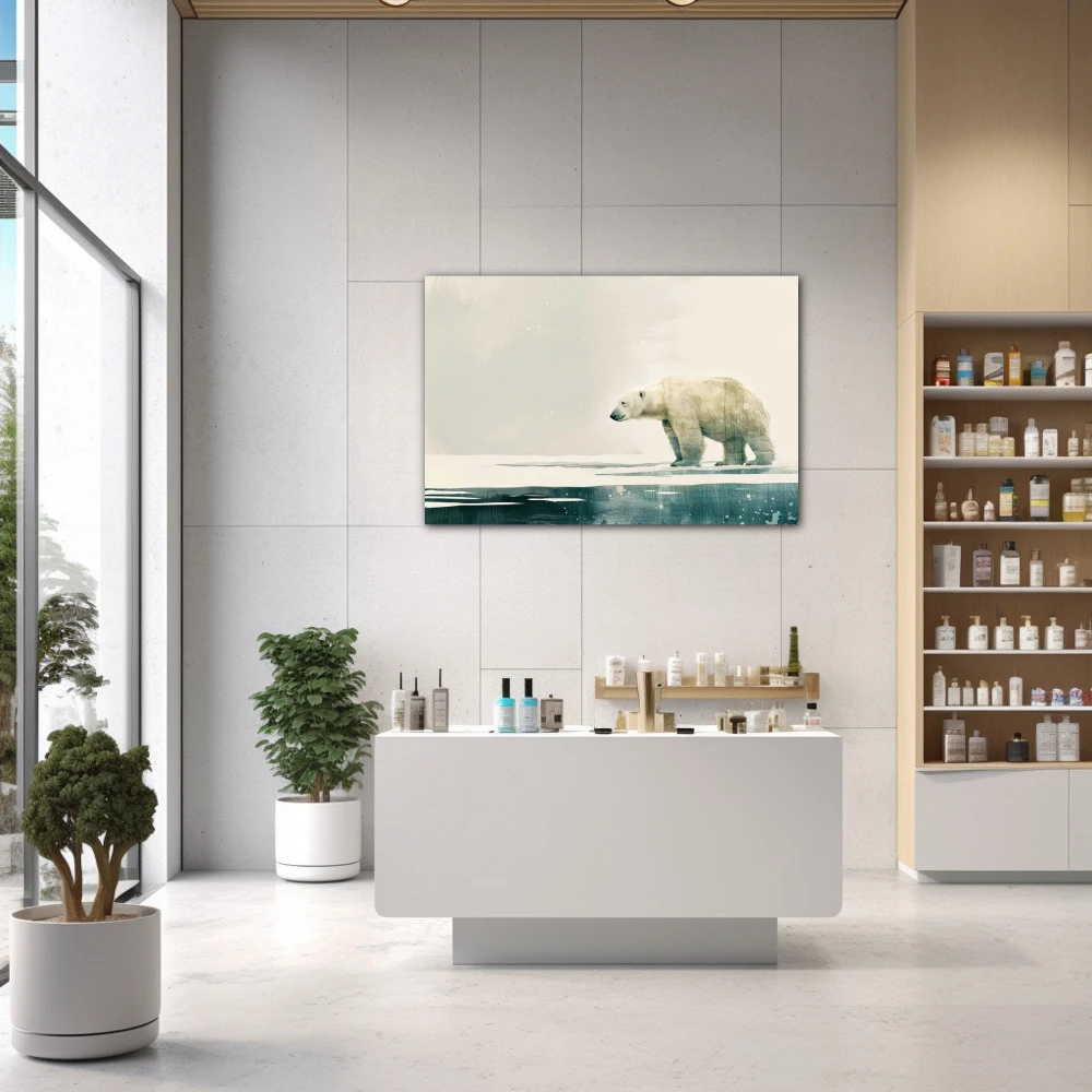 Cuadro silueta polar en formato horizontal con colores blanco, gris; decorando pared de farmacia