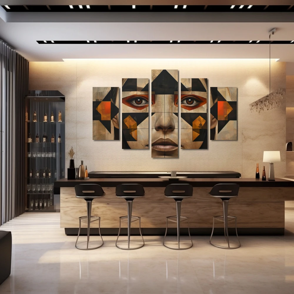 Wall Art titled: Mosaic of Lost Glances in a Horizontal format with: Grey, Brown, and Beige Colors; Decoration the Bar wall