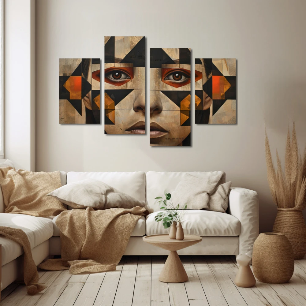 Wall Art titled: Mosaic of Lost Glances in a Horizontal format with: Grey, Brown, and Beige Colors; Decoration the Beige Wall wall