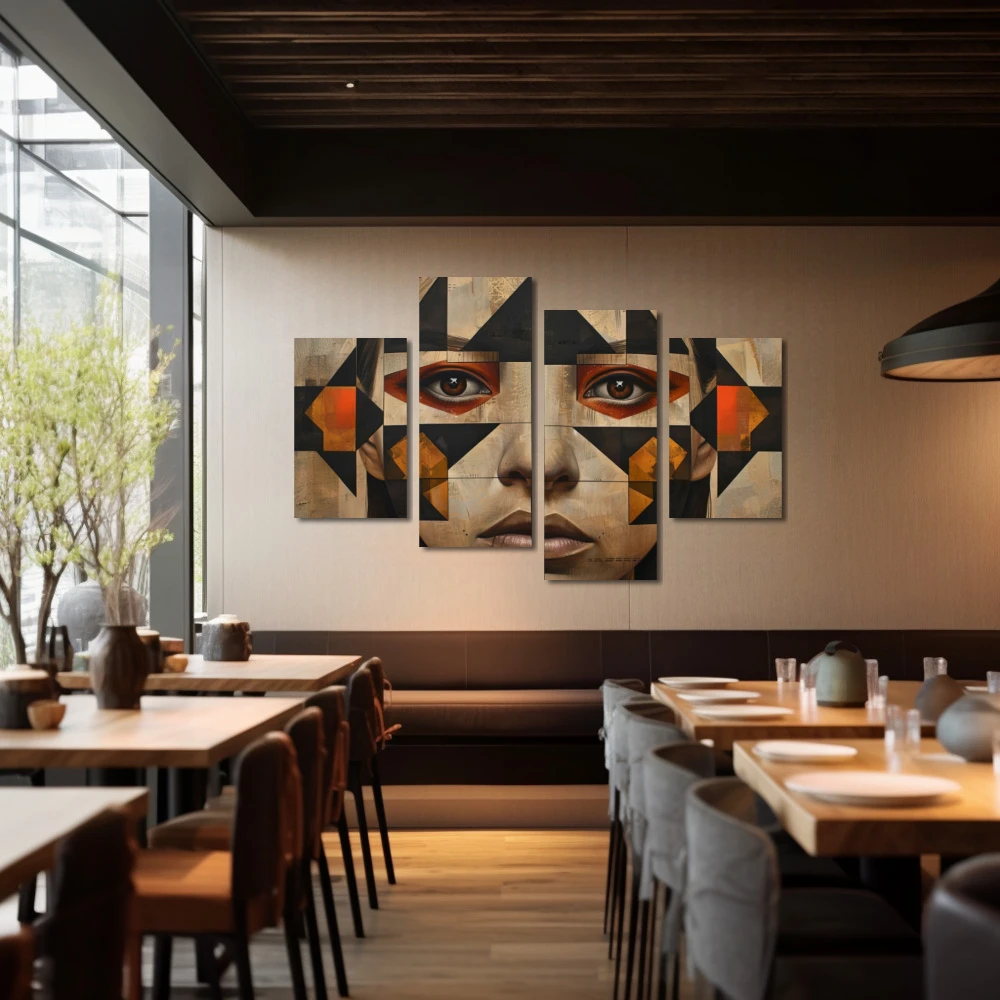 Cuadro mosaico de miradas perdidas en formato políptico con colores gris, marrón, beige; decorando pared de restaurante