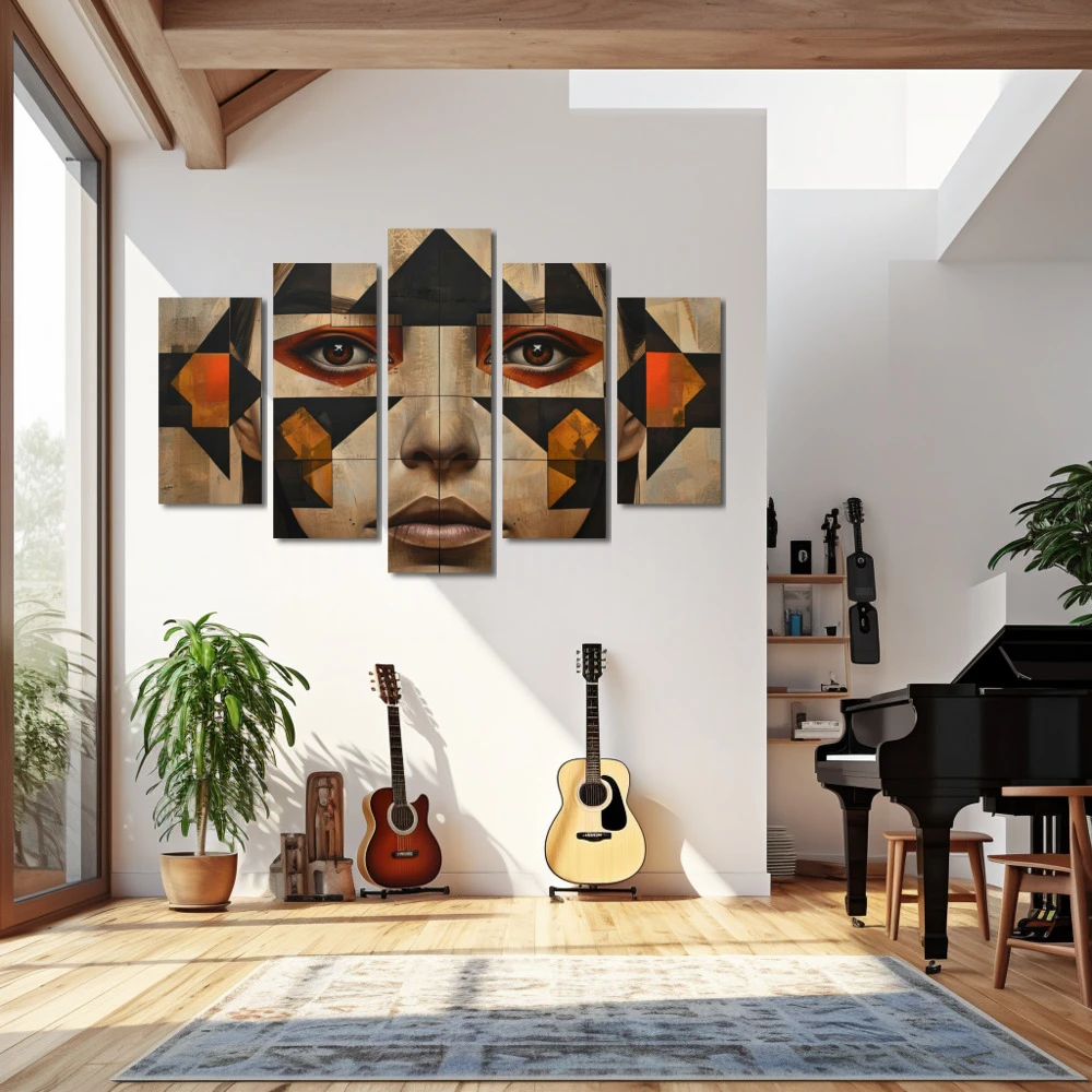 Cuadro mosaico de miradas perdidas en formato políptico con colores gris, marrón, beige; decorando pared de salón comedor