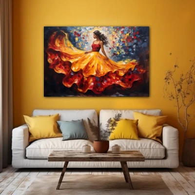 Wall Art titled: Skirt in Flight in a  format with: Blue, Orange, and Red Colors; Decoration the Yellow Walls wall