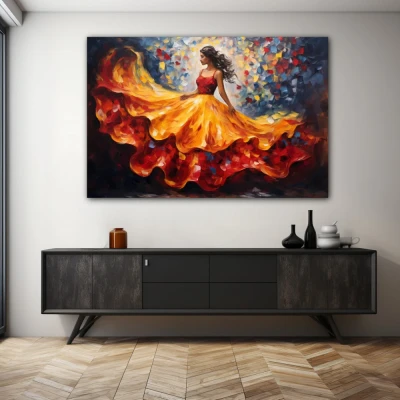Wall Art titled: Skirt in Flight in a Horizontal format with: Blue, Orange, and Red Colors; Decoration the Sideboard wall