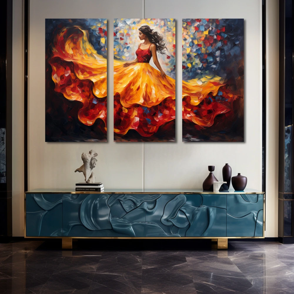 Wall Art titled: Skirt in Flight in a Horizontal format with: Blue, Orange, and Red Colors; Decoration the Sideboard wall