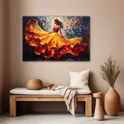 Wall Art titled: Skirt in Flight in a  format with: Blue, Orange, and Red Colors; Decoration the Beige Wall wall