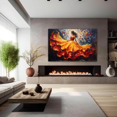 Wall Art titled: Skirt in Flight in a  format with: Blue, Orange, and Red Colors; Decoration the Fireplace wall