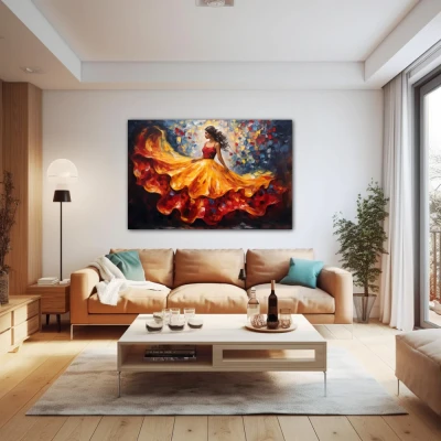 Wall Art titled: Skirt in Flight in a Horizontal format with: Blue, Orange, and Red Colors; Decoration the Above Couch wall