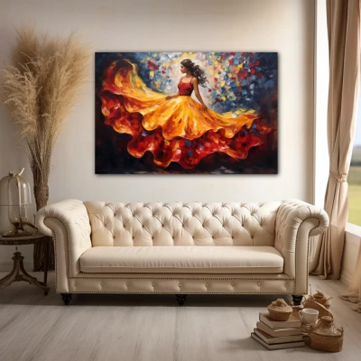 Wall Art titled: Skirt in Flight in a  format with: Blue, Orange, and Red Colors; Decoration the Above Couch wall