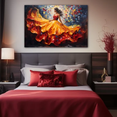 Wall Art titled: Skirt in Flight in a  format with: Blue, Orange, and Red Colors; Decoration the Bedroom wall