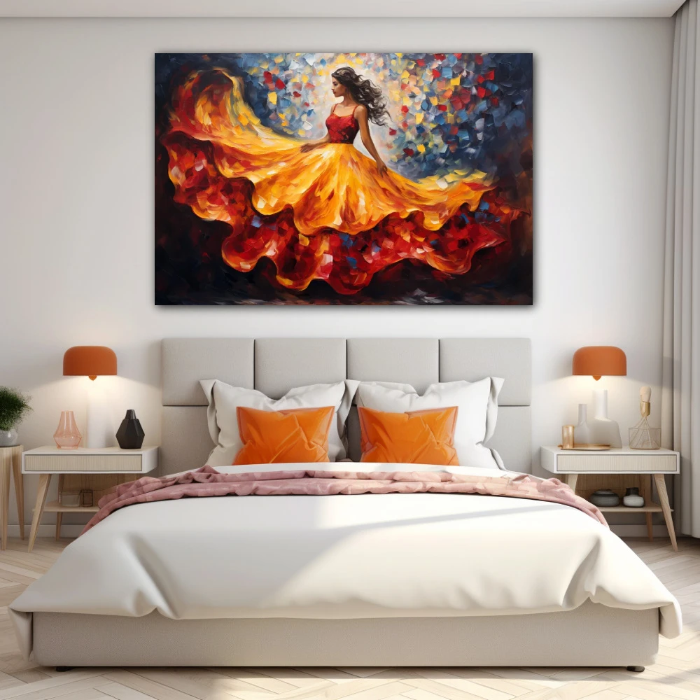 Cuadro falda al vuelo en formato horizontal con colores azul, naranja, rojo; decorando pared de habitación dormitorio