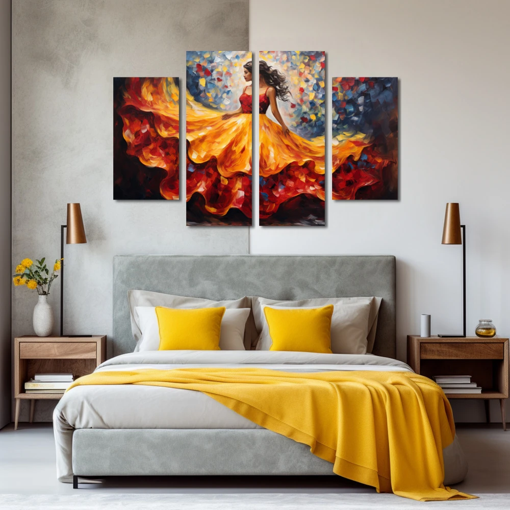 Wall Art titled: Skirt in Flight in a Horizontal format with: Blue, Orange, and Red Colors; Decoration the Bedroom wall