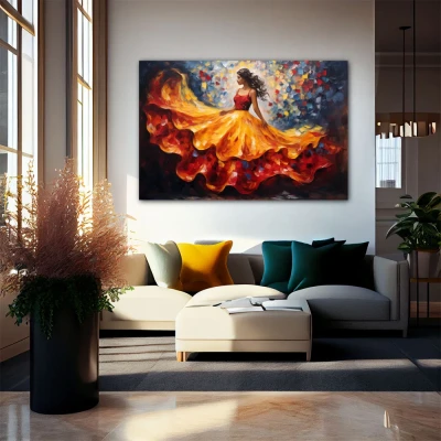 Wall Art titled: Skirt in Flight in a Horizontal format with: Blue, Orange, and Red Colors; Decoration the Living Room wall