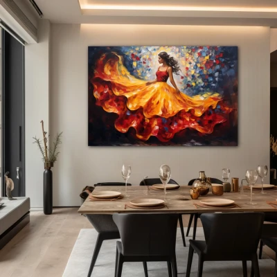 Wall Art titled: Skirt in Flight in a  format with: Blue, Orange, and Red Colors; Decoration the Living Room wall