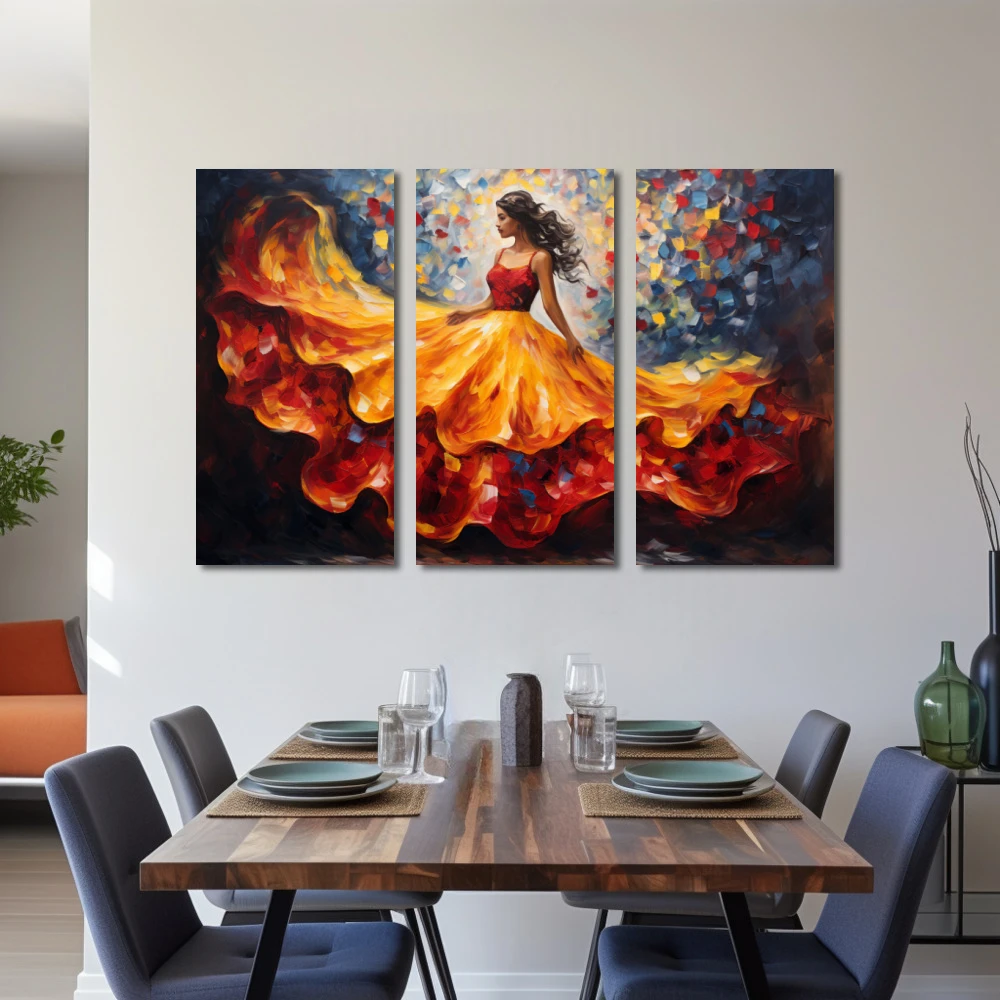 Wall Art titled: Skirt in Flight in a Horizontal format with: Blue, Orange, and Red Colors; Decoration the Living Room wall