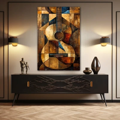 Wall Art titled: Cubist Harmony in a Vertical format with: Golden, and Brown Colors; Decoration the Sideboard wall