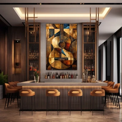 Wall Art titled: Cubist Harmony in a  format with: Golden, and Brown Colors; Decoration the Bar wall