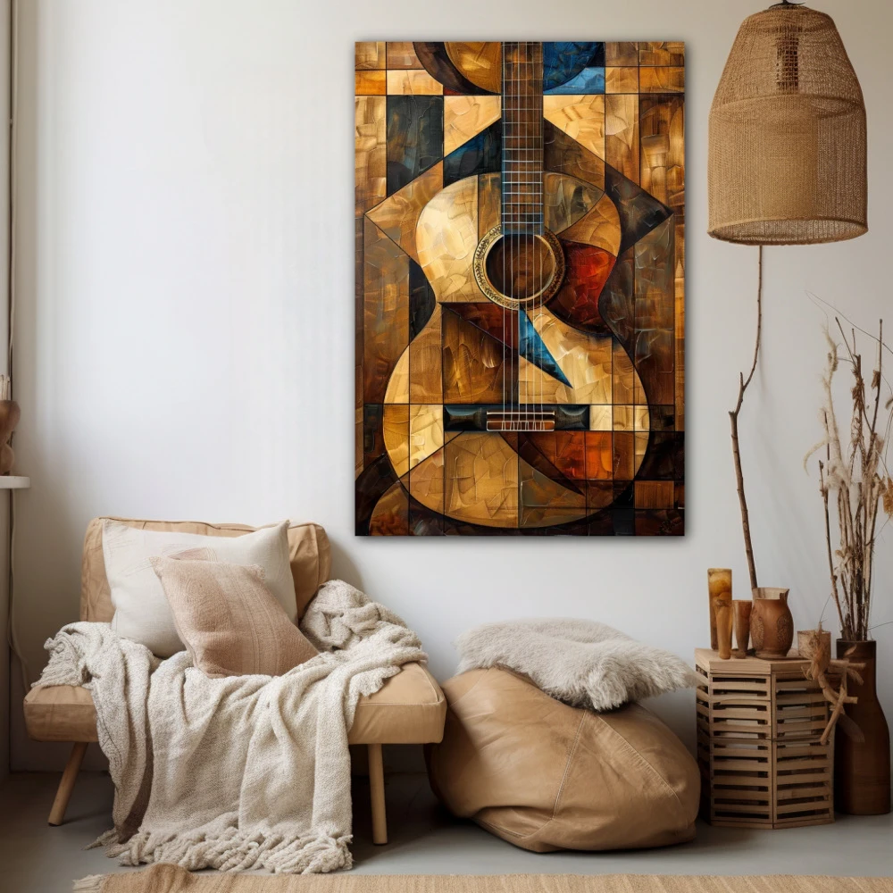 Cuadro armonía cubista en formato vertical con colores dorado, marrón; decorando pared beige