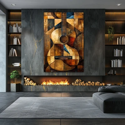 Wall Art titled: Cubist Harmony in a  format with: Golden, and Brown Colors; Decoration the Fireplace wall