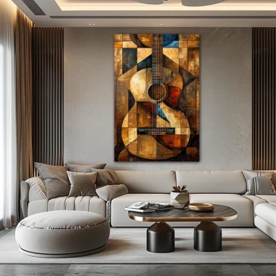 Wall Art titled: Cubist Harmony in a  format with: Golden, and Brown Colors; Decoration the Above Couch wall