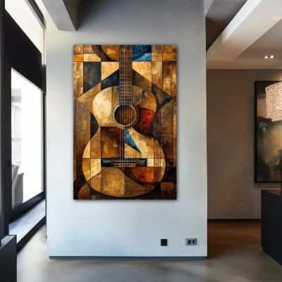 Wall Art titled: Cubist Harmony in a  format with: Golden, and Brown Colors; Decoration the Entryway wall