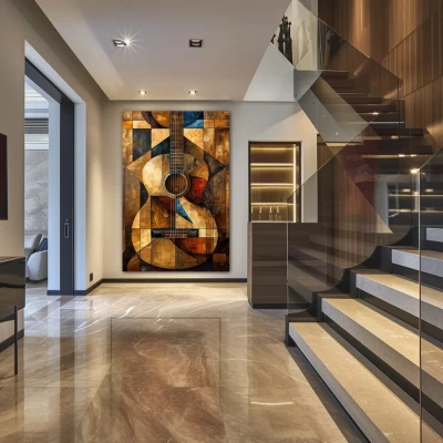 Wall Art titled: Cubist Harmony in a  format with: Golden, and Brown Colors; Decoration the Staircase wall