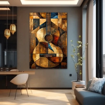 Wall Art titled: Cubist Harmony in a Vertical format with: Golden, and Brown Colors; Decoration the Grey Walls wall