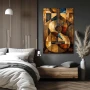 Wall Art titled: Cubist Harmony in a Vertical format with: Golden, and Brown Colors; Decoration the Bedroom wall