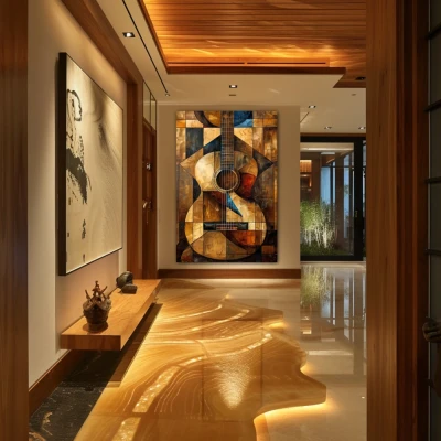 Wall Art titled: Cubist Harmony in a  format with: Golden, and Brown Colors; Decoration the Hallway wall