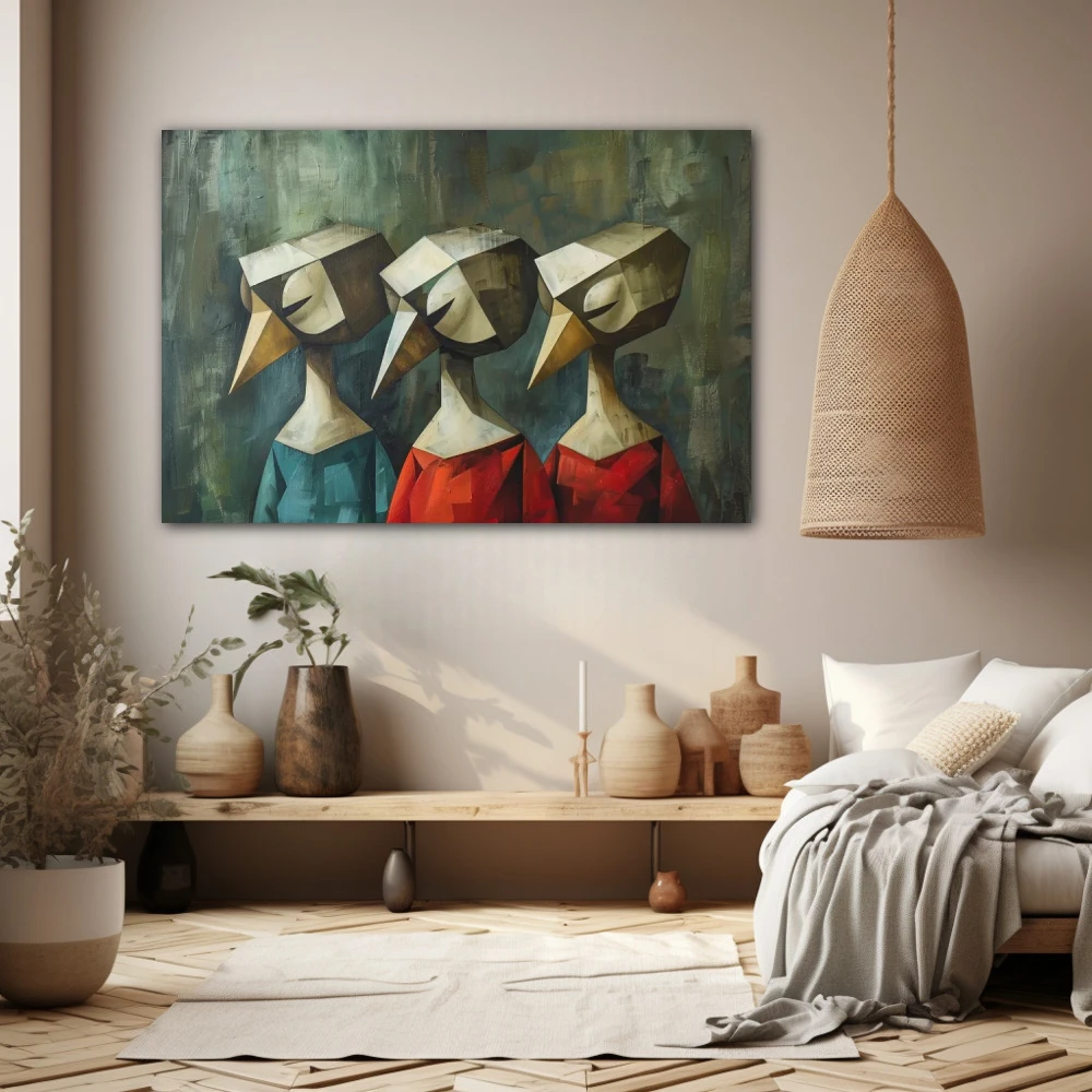 Wall Art titled: Harlequins in Silent Symphony in a Horizontal format with: Grey, Red, and Green Colors; Decoration the Beige Wall wall
