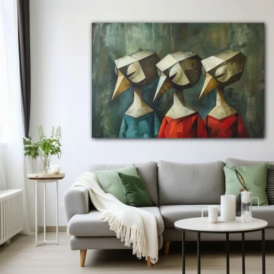 Wall Art titled: Harlequins in Silent Symphony in a Horizontal format with: Grey, Red, and Green Colors; Decoration the White Wall wall