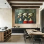 Wall Art titled: Harlequins in Silent Symphony in a Horizontal format with: Grey, Red, and Green Colors; Decoration the Kitchen wall
